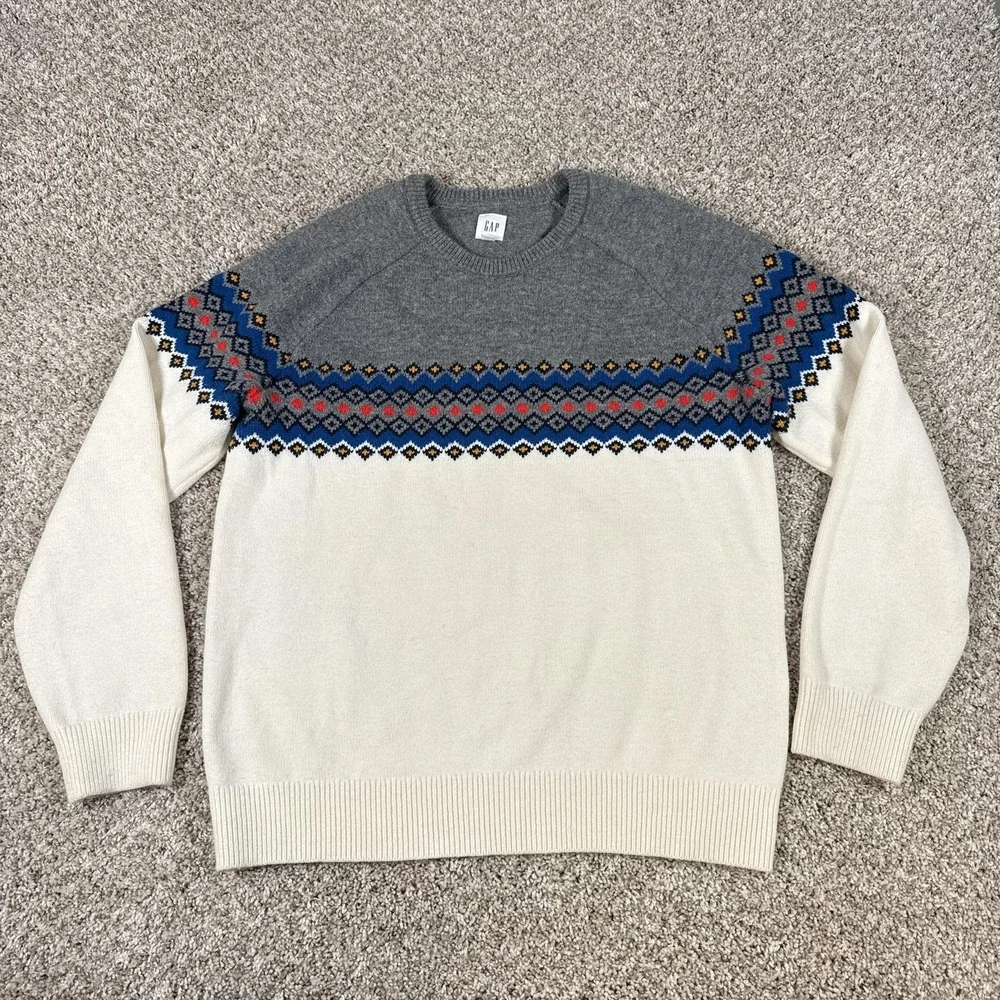 GAP Sweater Mens Large Gray Cream Wool Fair‎ Isle Neutral Multi Crewneck Raglan